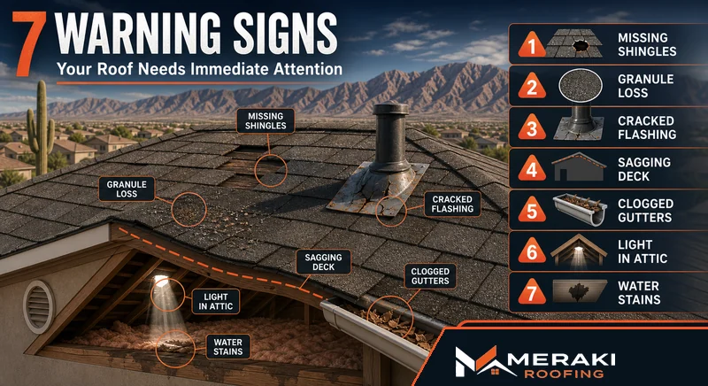 7 warning signs your El Paso roof needs immediate attention — cracked shingles, sagging deck, granule loss